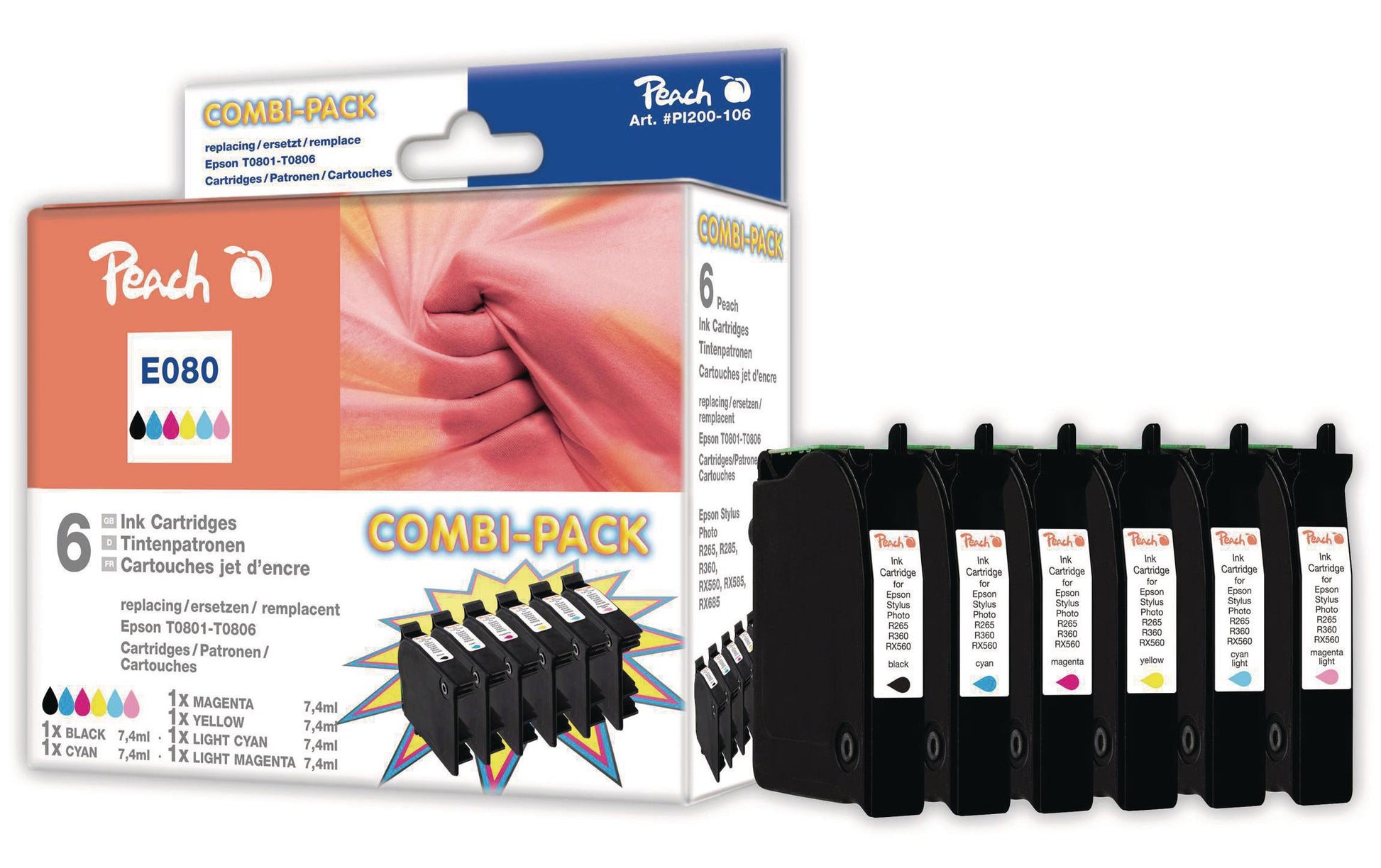 Peach Tintenpatronen-Multipack T0807, 6er-Pack, kompatibel – für Epson Stylus Photo PX650, RX585, R360 und andere