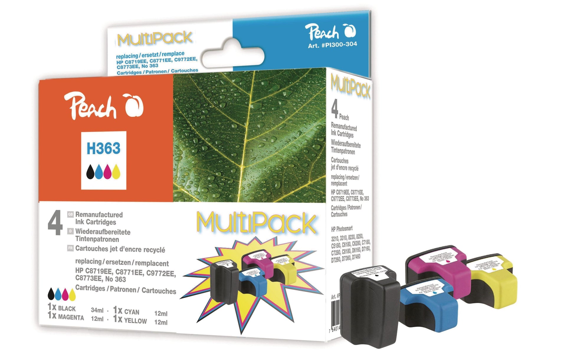 Peach 363 Tintenpatronen-Multipack, Schwarz/Cyan/Magenta/Gelb (Kompatibel) – für HP PhotoSmart 3100/3110 …