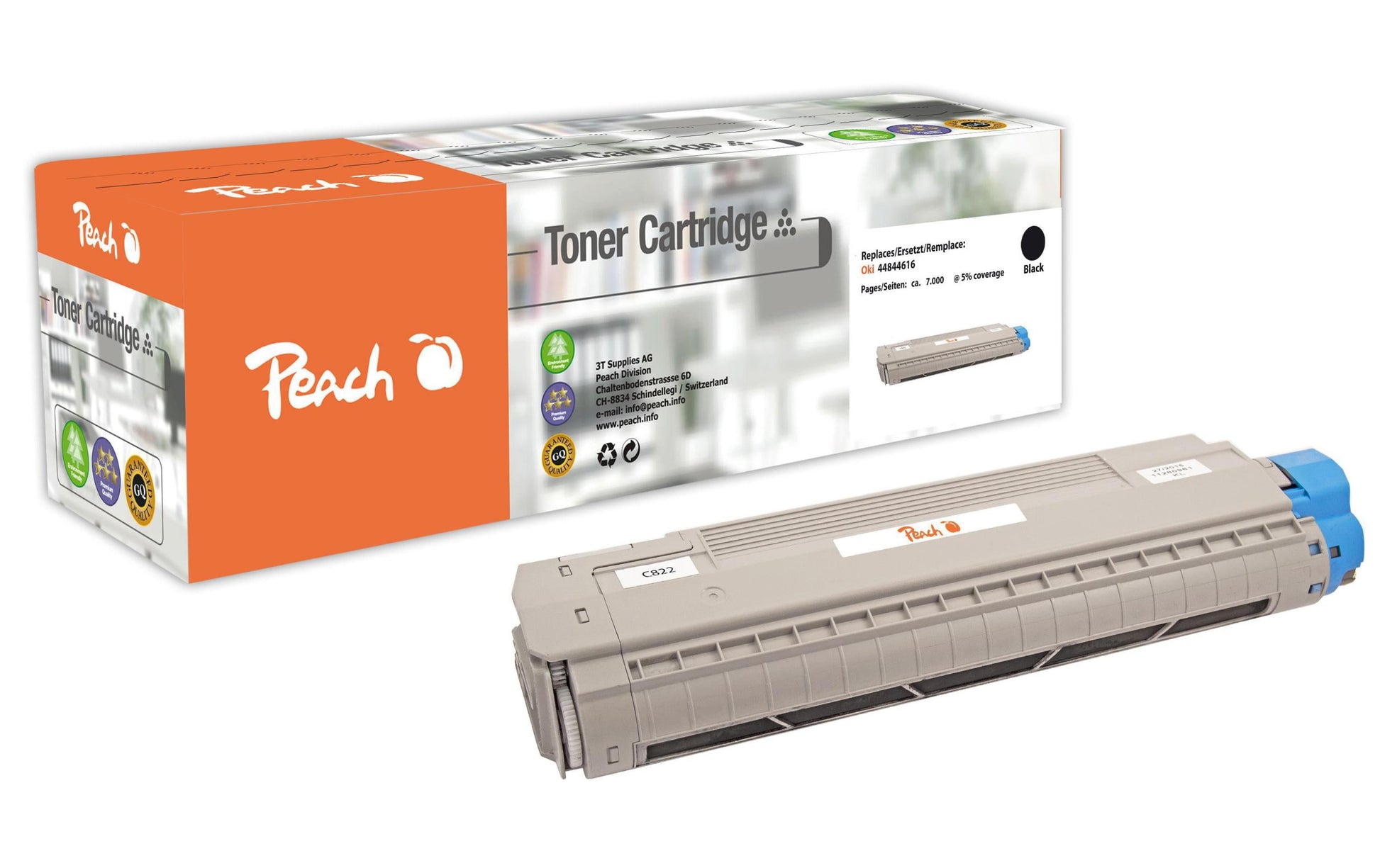 Peach PT607 (44844616) schwarzer Toner – kompatibel – 7'000 Seiten – für OKI C 822 CDTN/C 822 DN/C 822 N u. a.