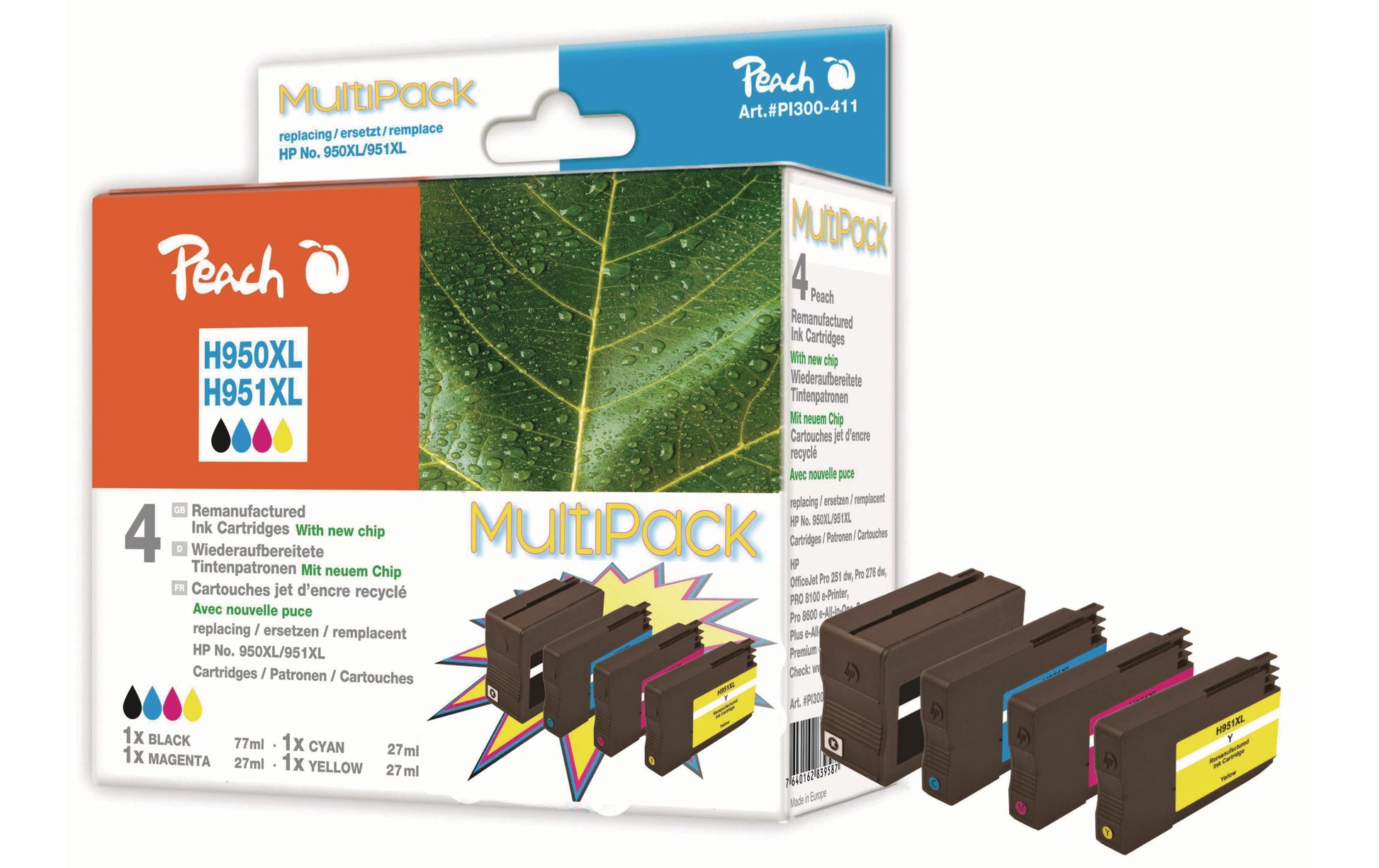 Peach 951XL Tintenpatronen-Multipack, Schwarz/Cyan/Magenta/Gelb (Kompatibel) – für HP 8600/8610/8620…