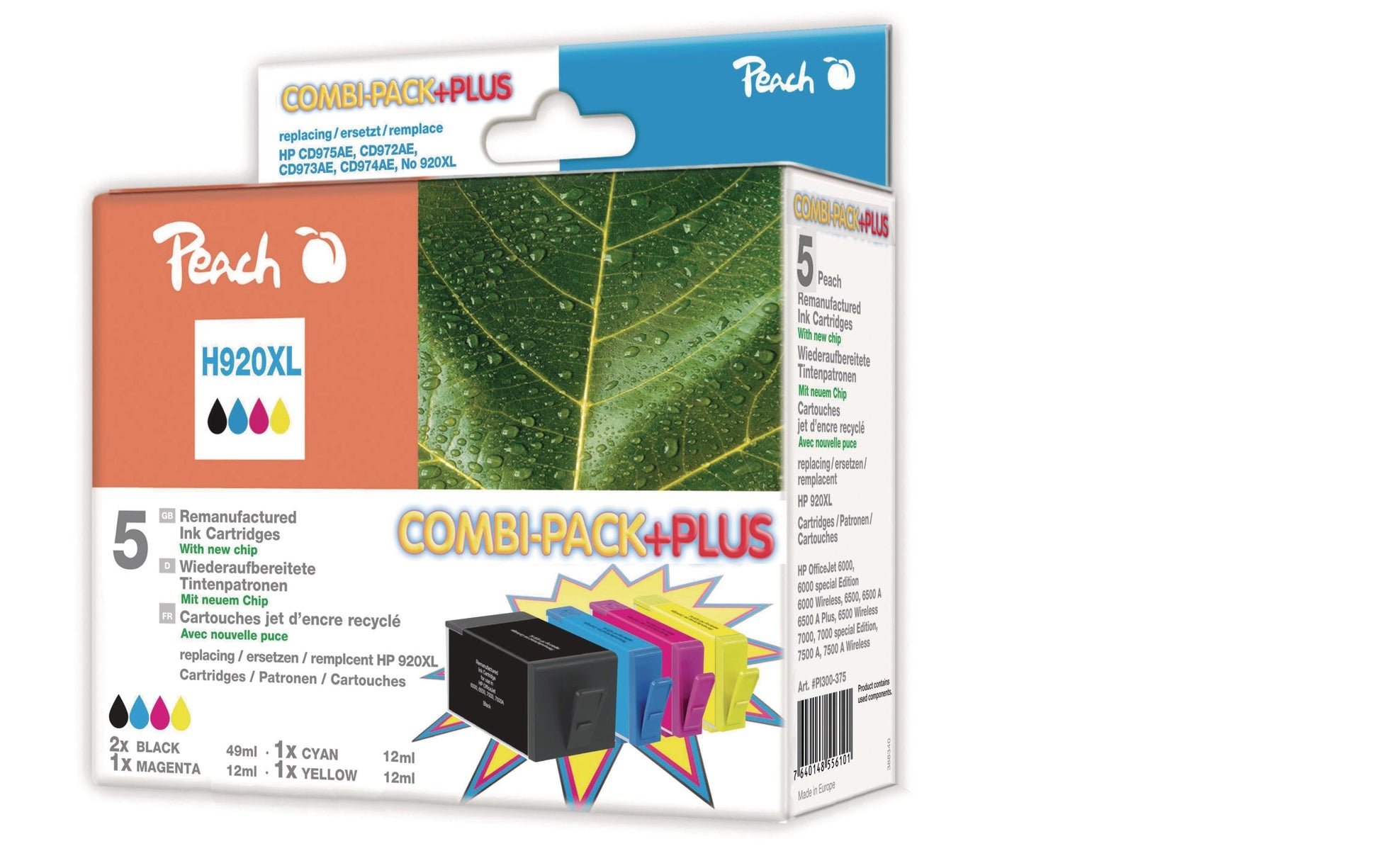 Peach Tintenpatronen-Multipack 920XL, CMYK, XL, 5er-Pack, kompatibel – für HP OfficeJet 6000, 6500, 7500 und andere