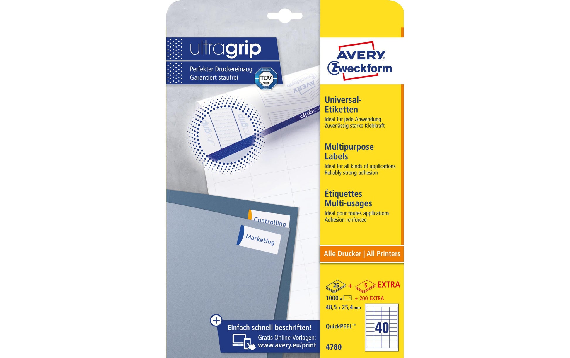 Avery Universal Ultragrip Bogenetiketten, 49 mm × 25 mm, Weiss, Papier, Permanent, 30 Blätter (1'200 Etiketten)