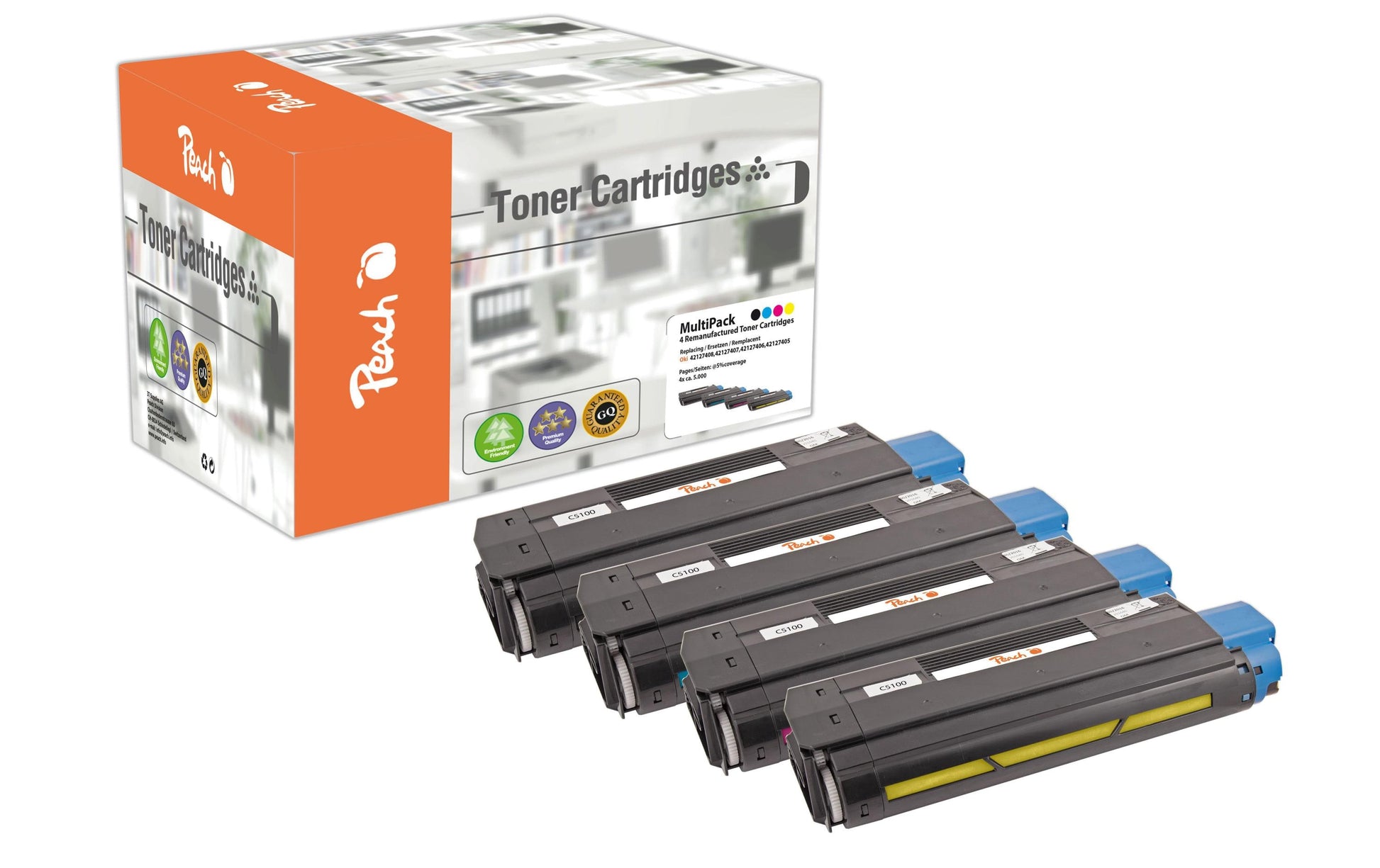 Peach Toner-Multipack – BK/C/M/Y, 5000 Seiten – für OKI C 5100/C 5100 N/C 5150 N und andere
