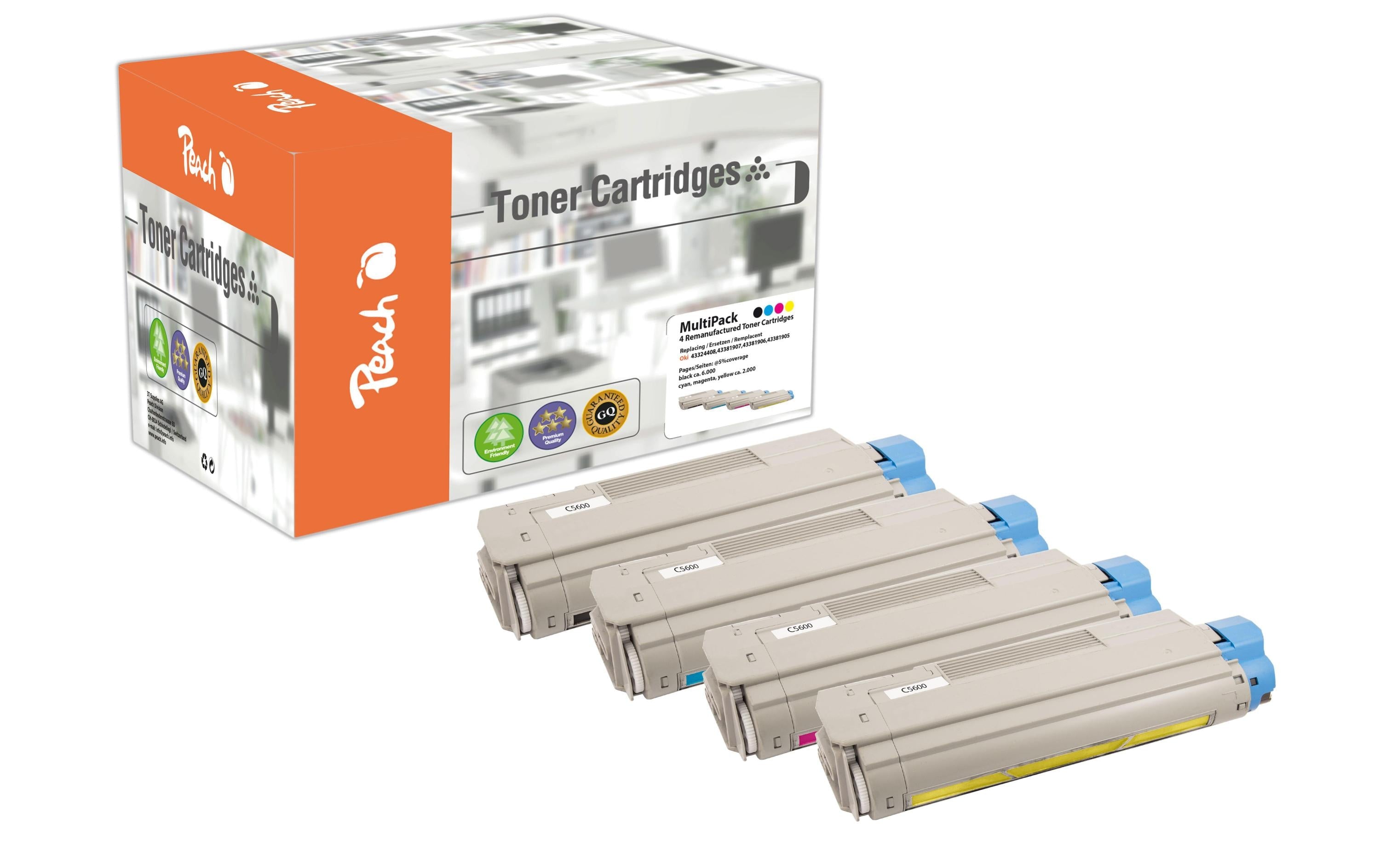 Peach Toner-Multipack – BK/C/M/Y, 6000 Seiten – für OKI C 5600/C 5600 DN/C 5600 N und andere
