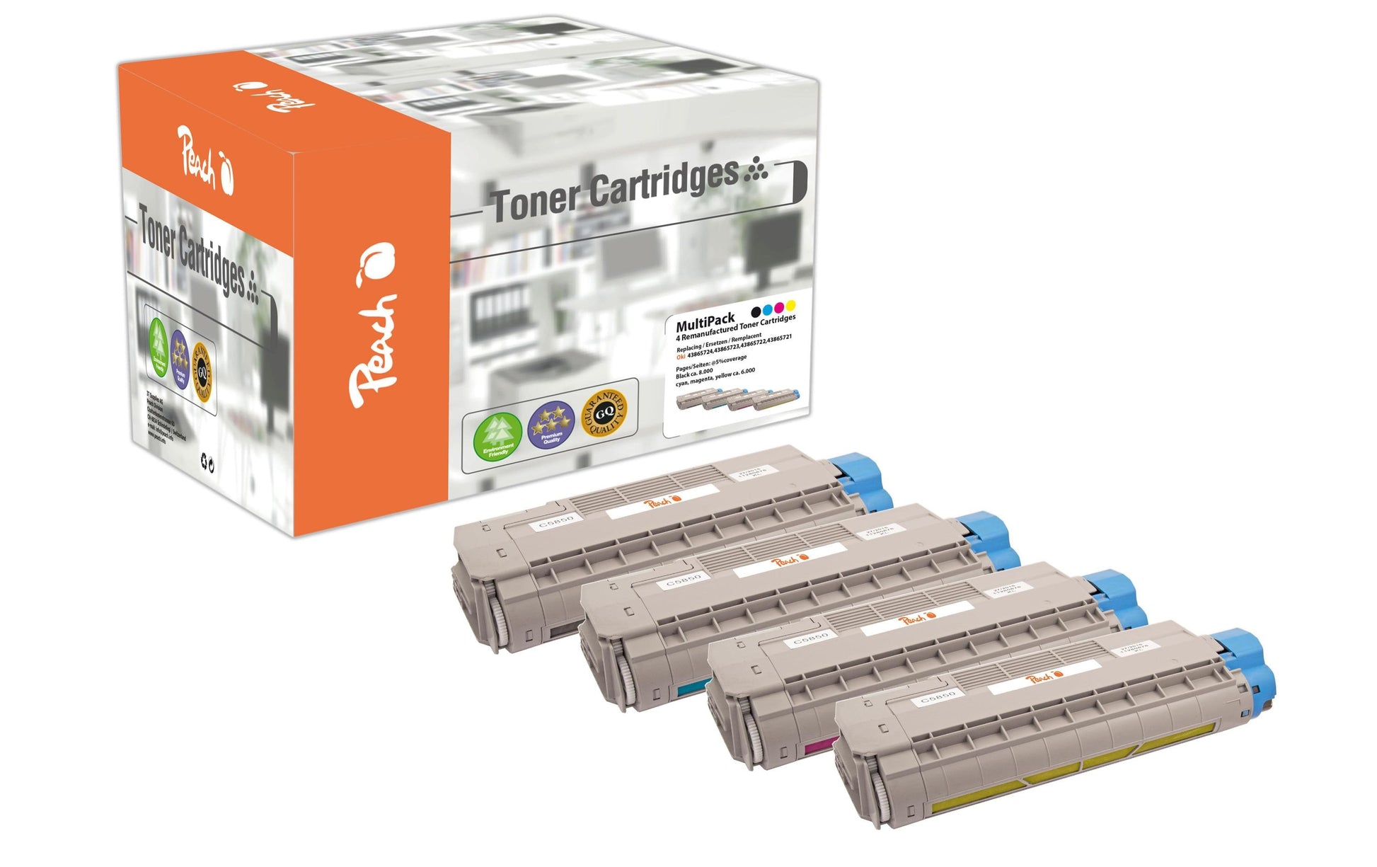 Peach Toner-Multipack – BK/C/M/Y, 8000 Seiten – für OKI C 5850/C 5950/C 6150 und andere