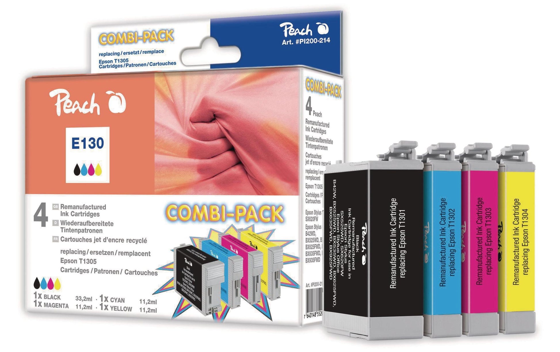 Peach Tintenpatronen-Multipack, CMYK, 4er-Pack, kompatibel – für Epson WorkForce WF-3530, WF-3540, WF-7015