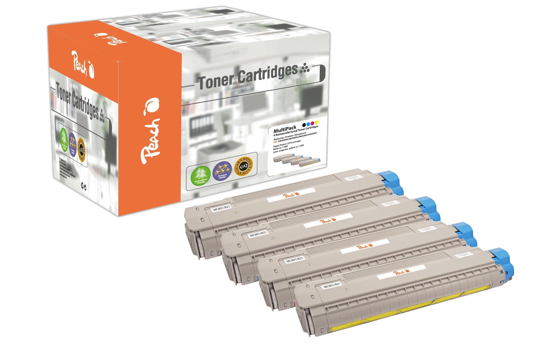 Peach Toner-Multipack – BK/C/M/Y, 6000 Seiten – für OKI C 800 Serie, C 801 N, C 821 N und andere