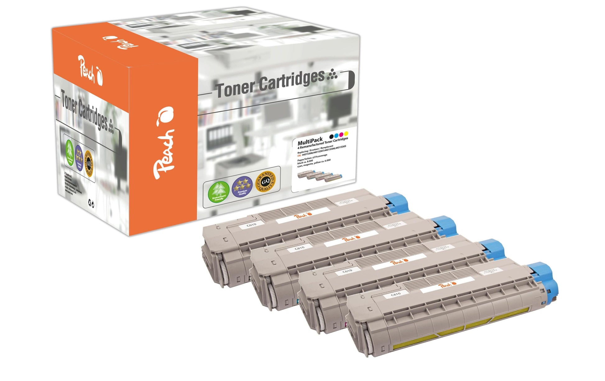 Peach Toner-Multipack 4431530 – BK/C/M/Y, 6000 Seiten – für OKI C 610 CDN/DM/DN und andere