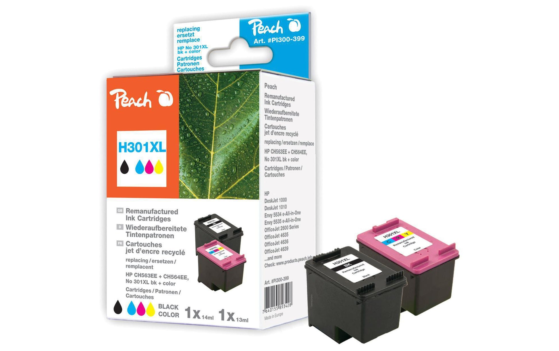 Peach Tintenpatronen-Multipack 301XL (CH563EE/CH564EE), CMYK, XL, 2er-Pack, kompatibel – für HP DeskJet 1000