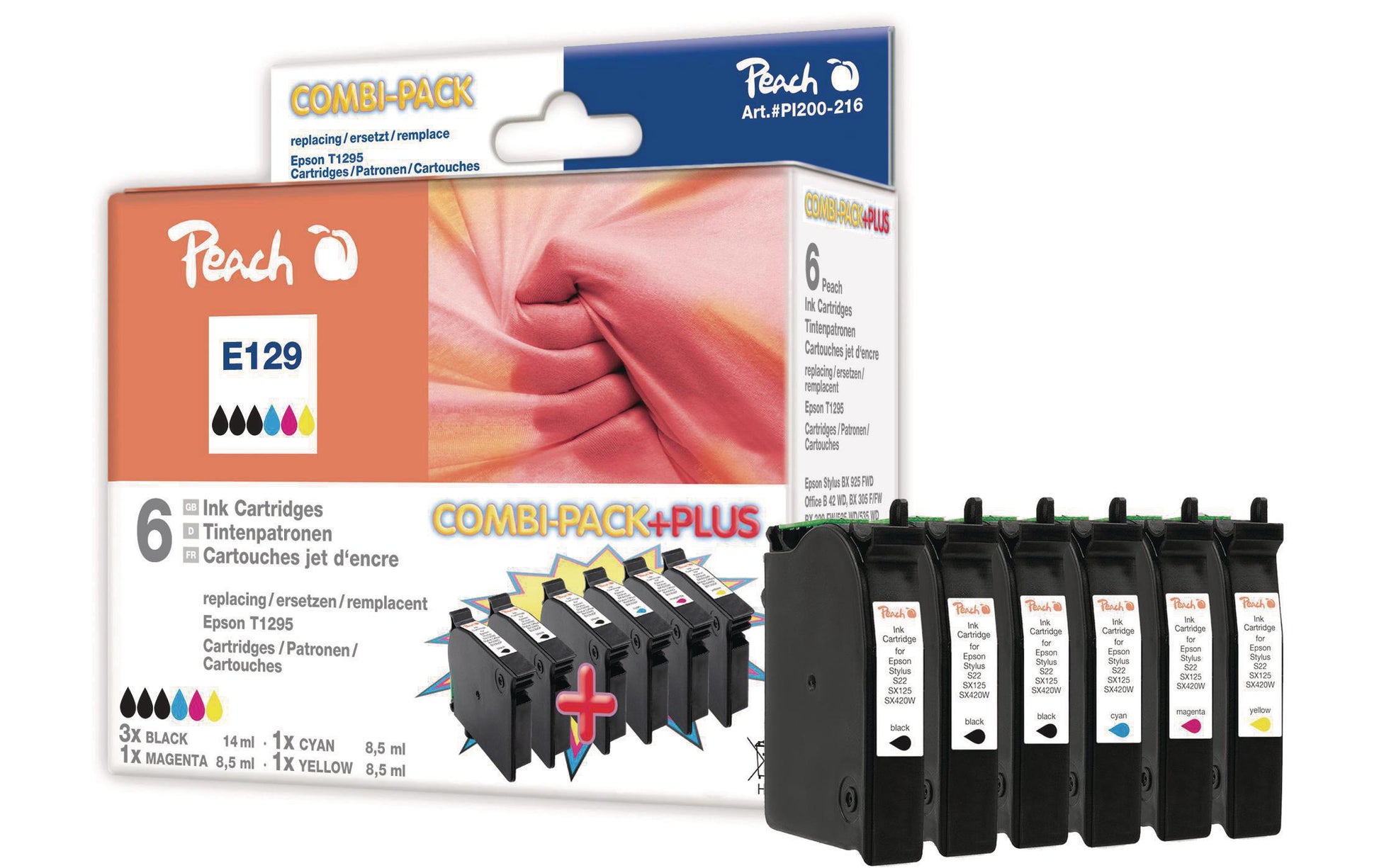 Peach Tintenpatronen-Multipack T129, CMYK, 6er-Pack, kompatibel – für Epson Stylus SX 230, SX 235 W, SX 425 W