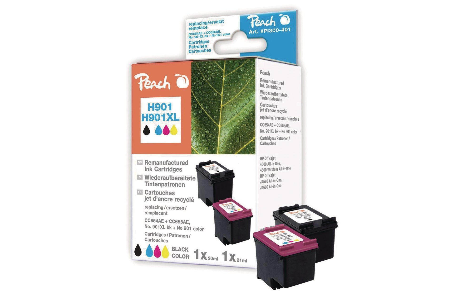Peach Tintenpatronen-Multipack 901XL (CC654AE/CC656AE), CMYK, XL, kompatibel – für HP OfficeJet 4500 Serie