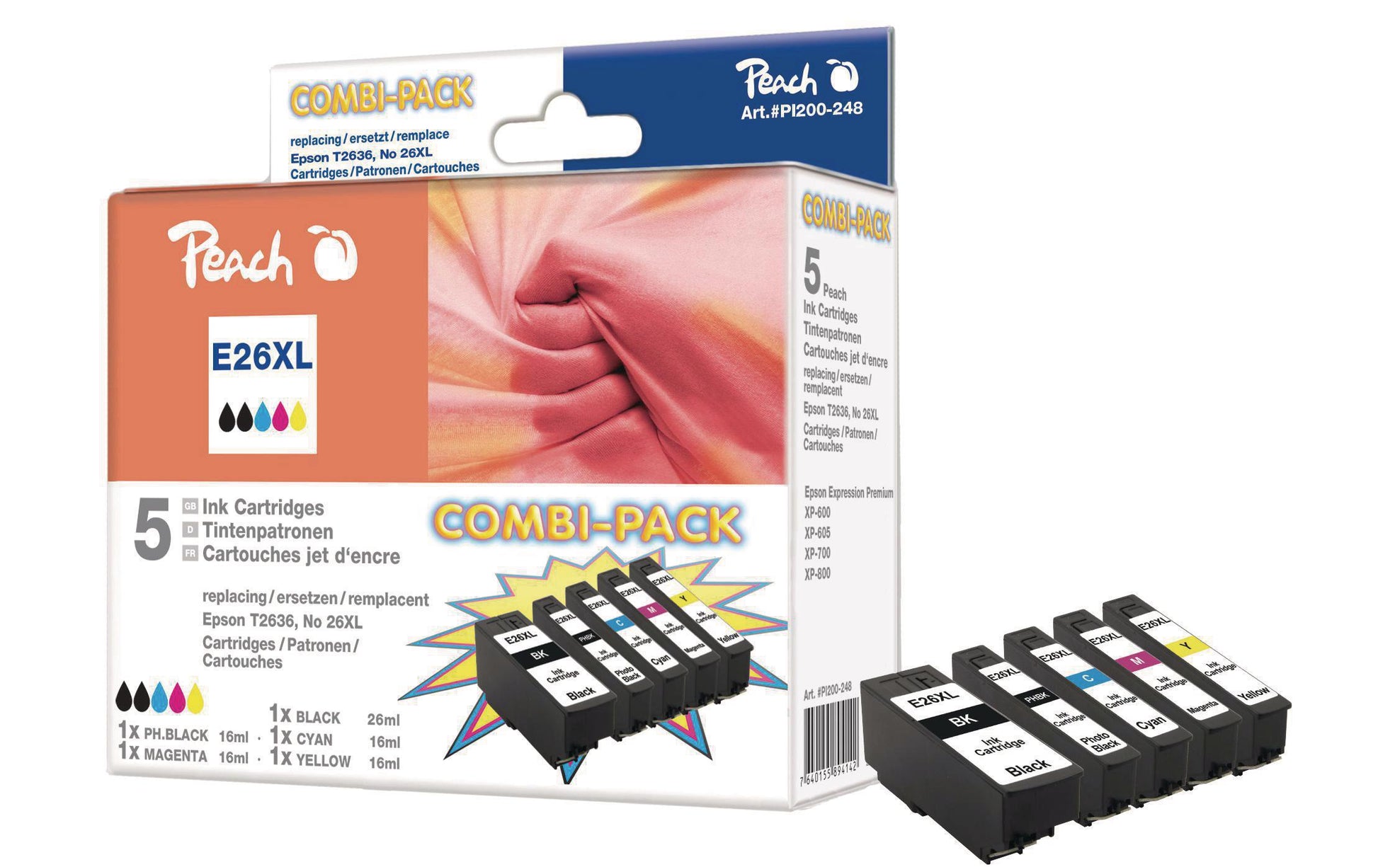 Peach Tintenpatronen-Multipack 26XL (T263), CMYK, XL, 5er-Pack, kompatibel – für Epson XP-510, XP-600 und andere