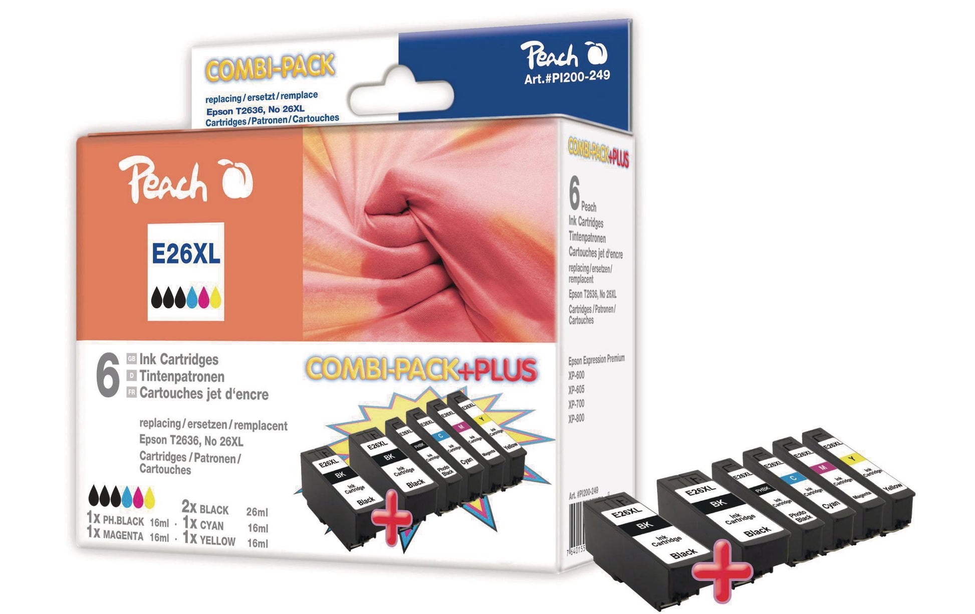 Peach 26XL Tintenpatronen-Multipack, Schwarz/Cyan/Magenta/Gelb (Kompatibel) – für Epson XP-510/XP-600/XP-800 …