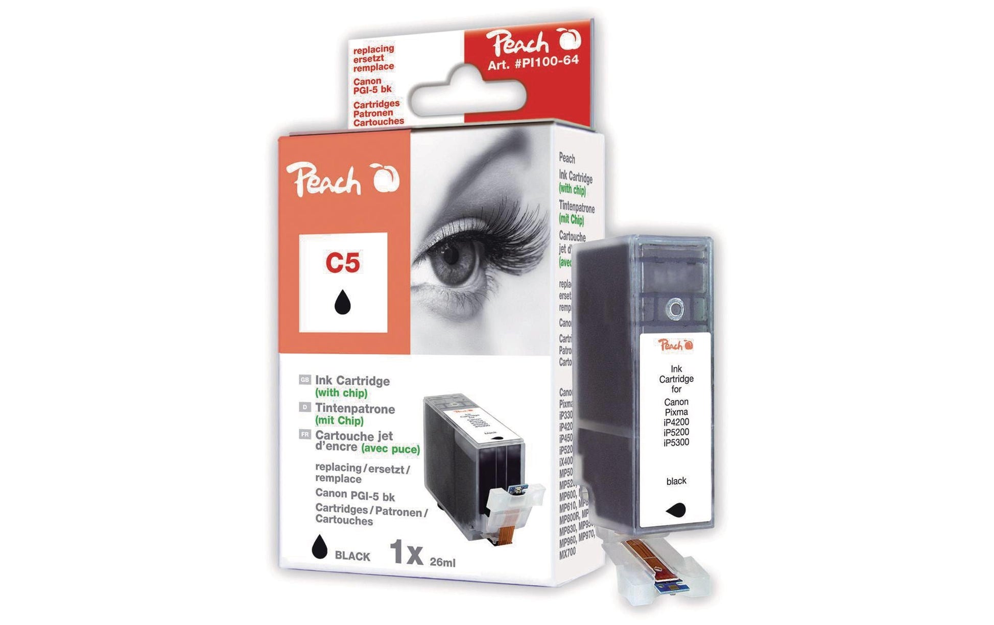 Peach PGI-5bk Schwarz Tintenpatrone (Kompatibel) – 550 Seiten – für Canon Pixma iP3300/iP4200 …