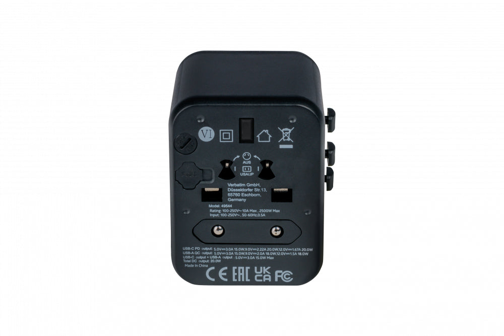 Verbatim Reiseadapter – 100–250 V, 2'500 W, 2x USB (PD20W) – von Typ A/B/C zu Typ E/F/G usw. – schwarz