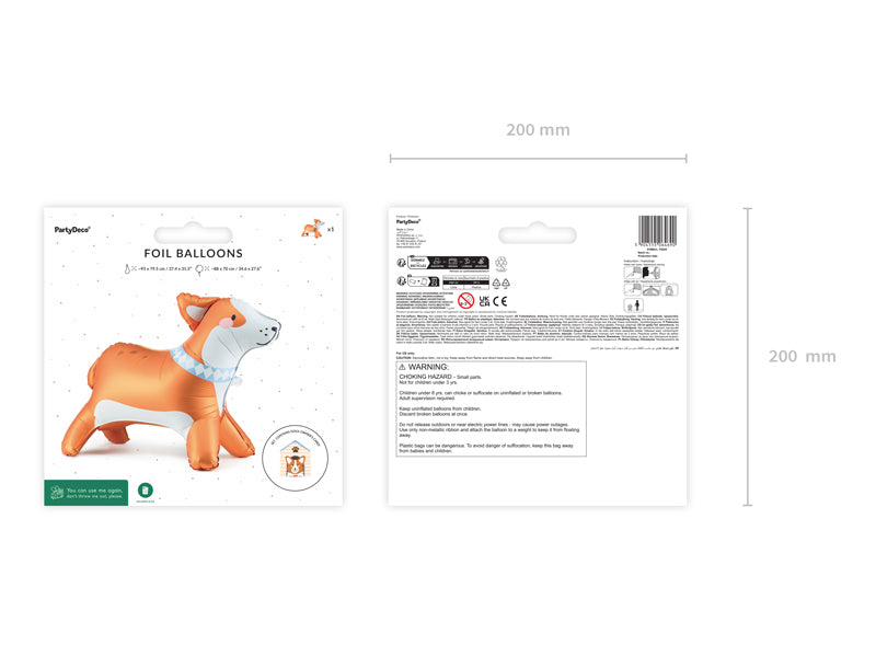 PartyDeco Folienballon Corgi – orange/weiss – 88 × 70 cm – 1 Stk