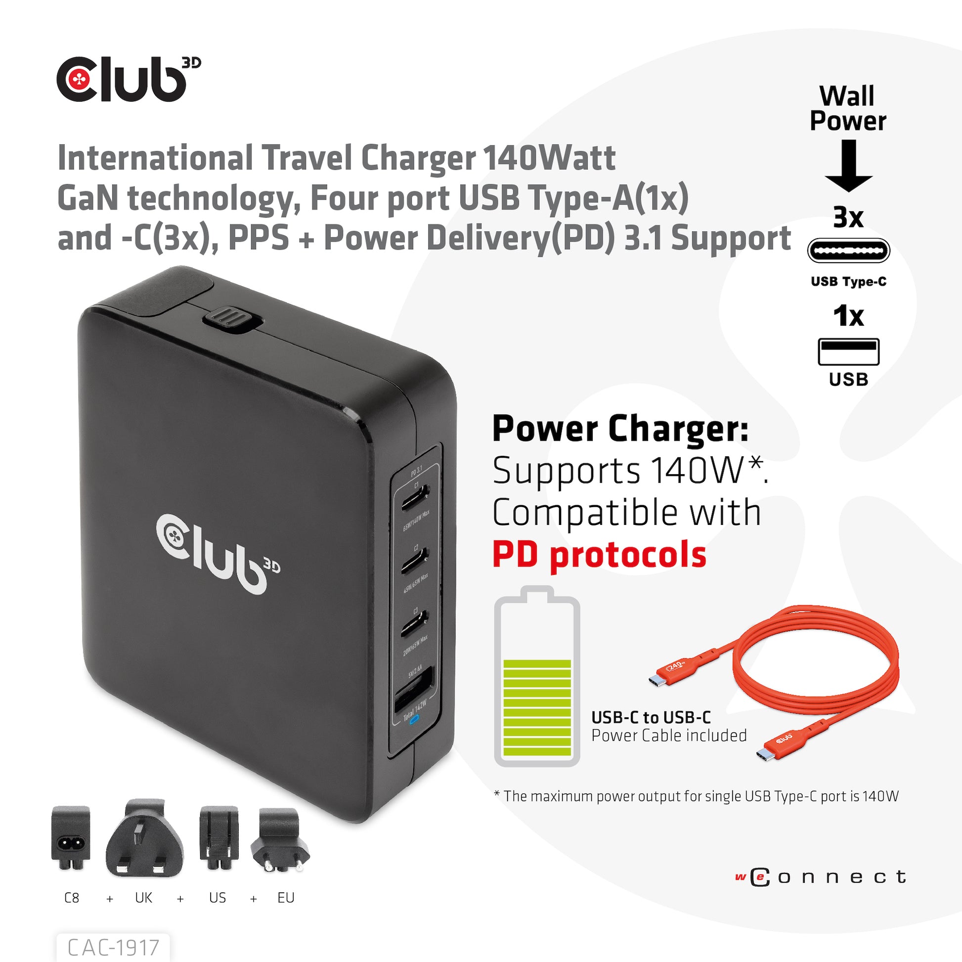 CLUB3D CAC-1917 USB-Desktop-Ladegerät 140 W – USB-C×3, USB-A×1 – PD, GaN