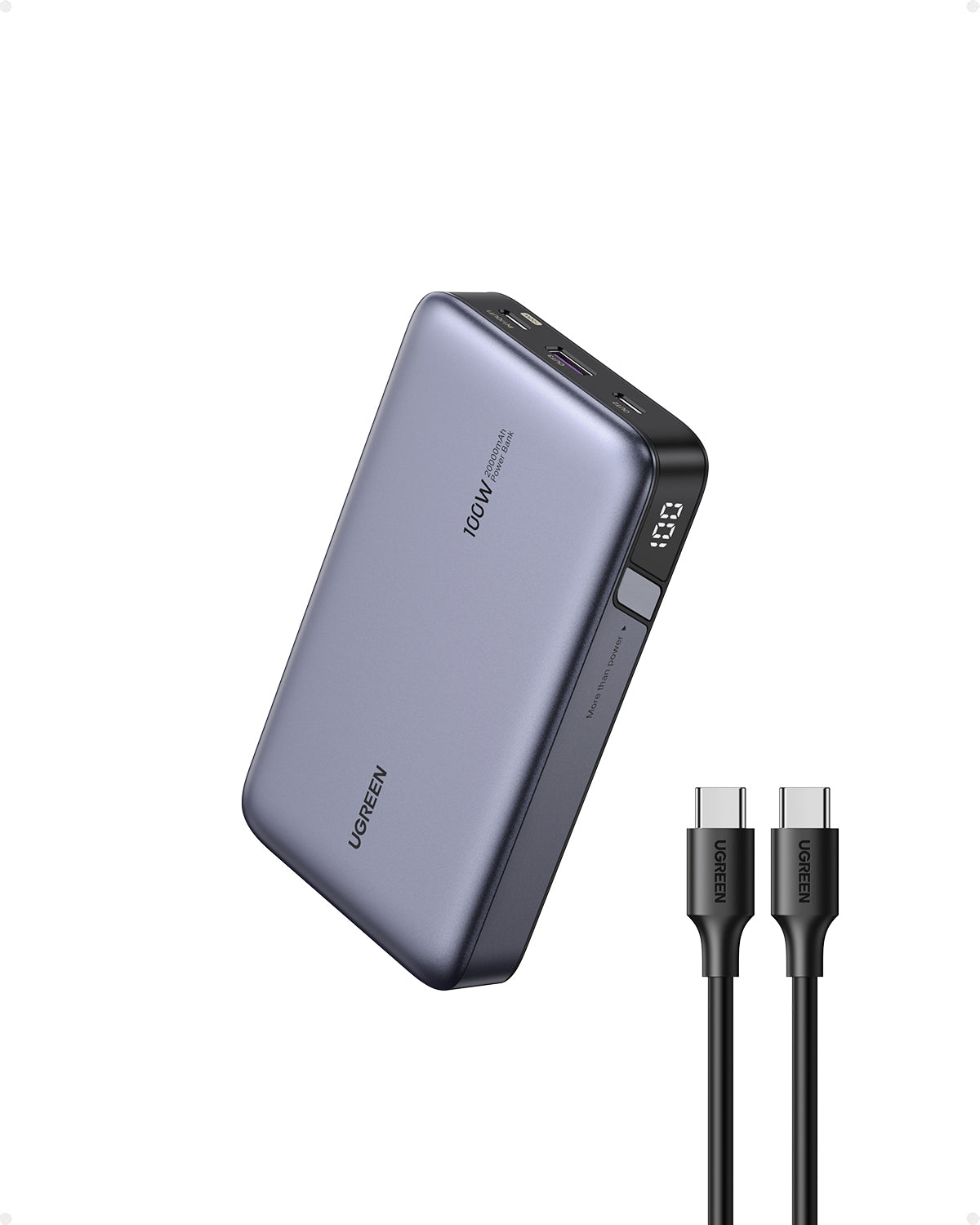 Ugreen Powerbank 20000 mAh, PD, 2× USB-C, 1× USB-A, mit LED-Display, für Smartphones, Grau