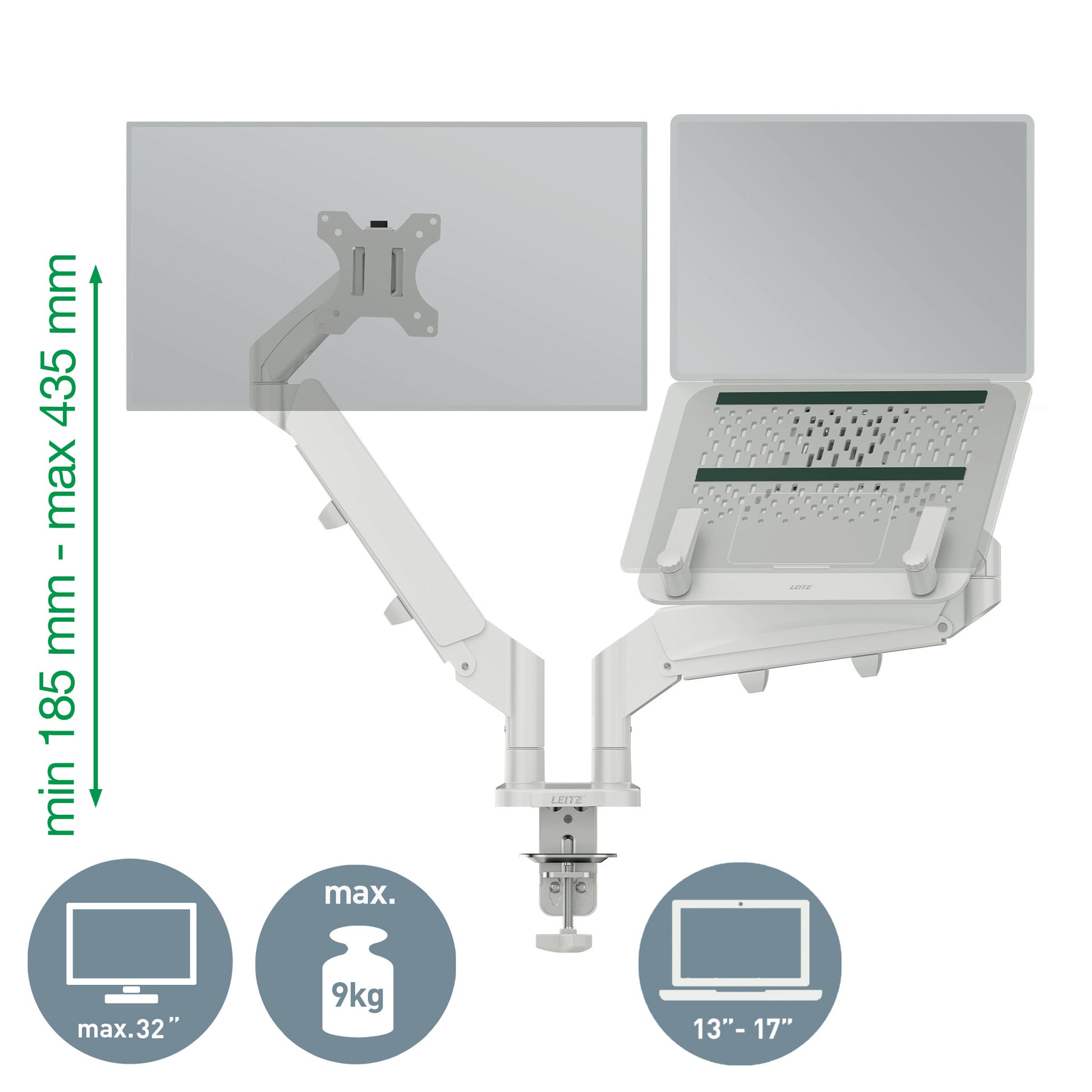 Leitz Ergo – Monitorarm – bis 32", VESA 100 × 100 mm, 9 kg, höhenverstellbar, hellgrau