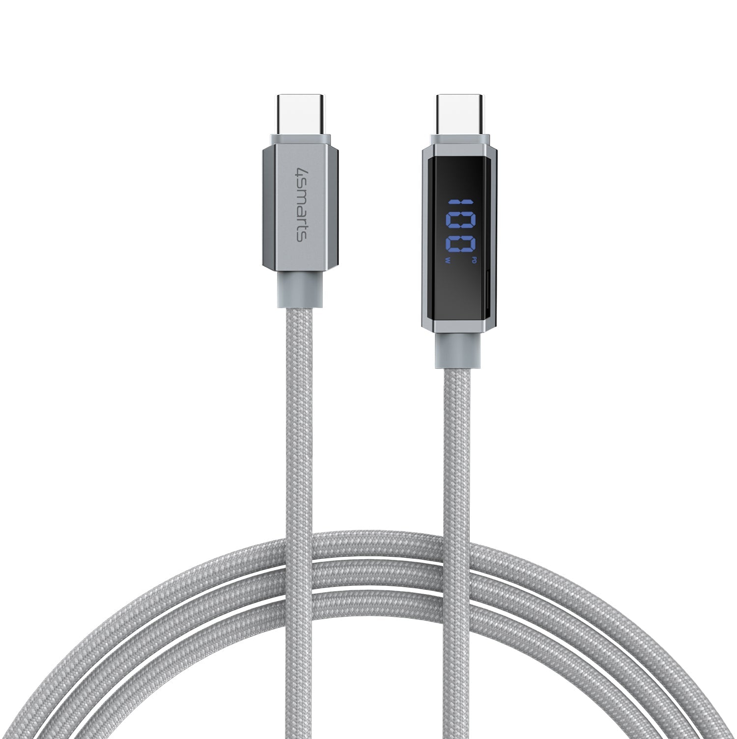 4smarts USB-C auf USB-C Kabel – USB 2.0 (480 Mbit/s) – 1,5 m – PD 100 W – LED-Display, Geflochten – Grau
