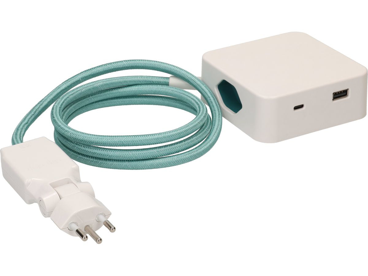 maxTEX Cube Steckdosenleiste – 3× T13, USB‑A/C, 2 m, ohne Schalter, weiss/türkis