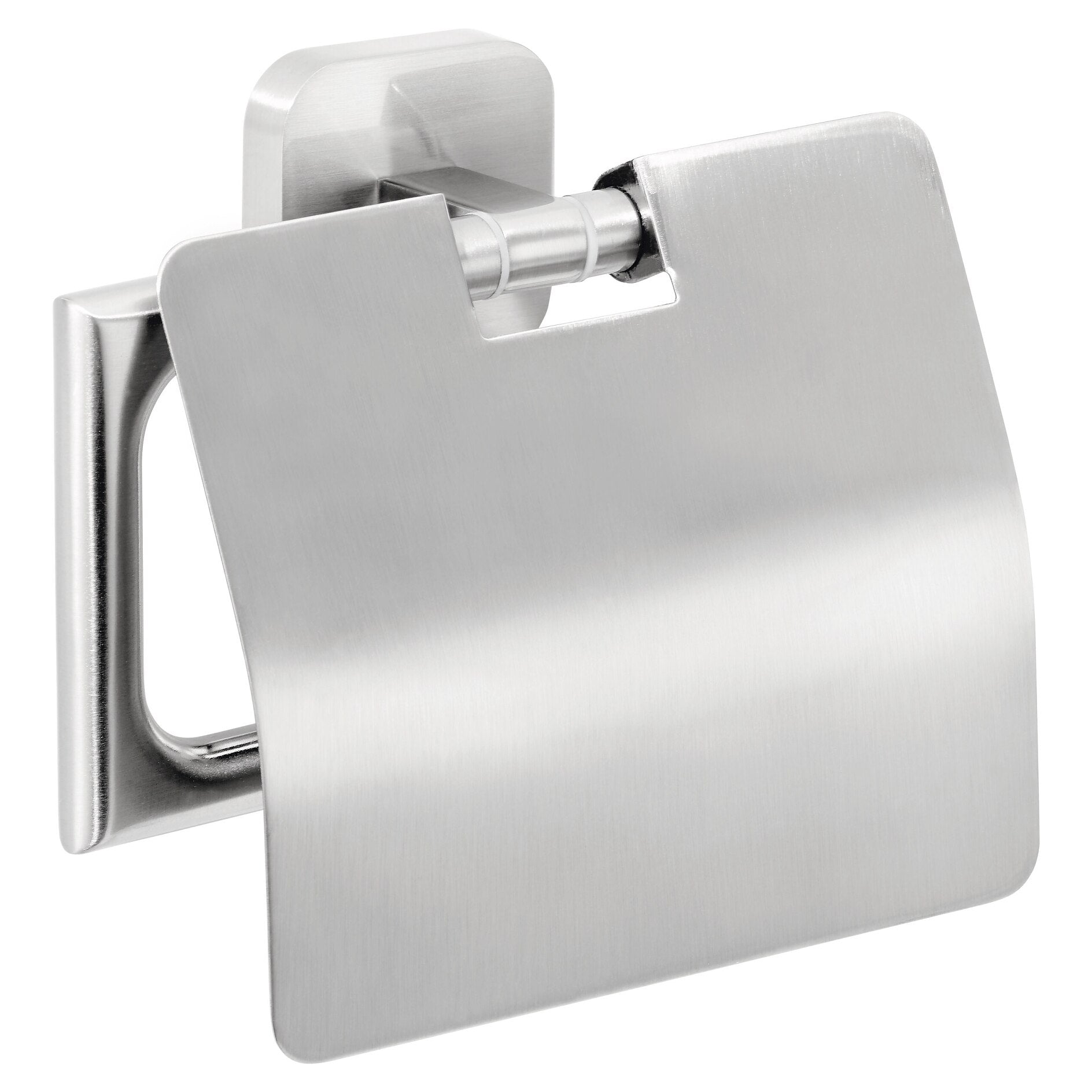TESA Toilettenpapierhalter mit Deckel – Edelstahl, Silber, selbstklebend, 13,5 × 13,2 × 4,8 cm