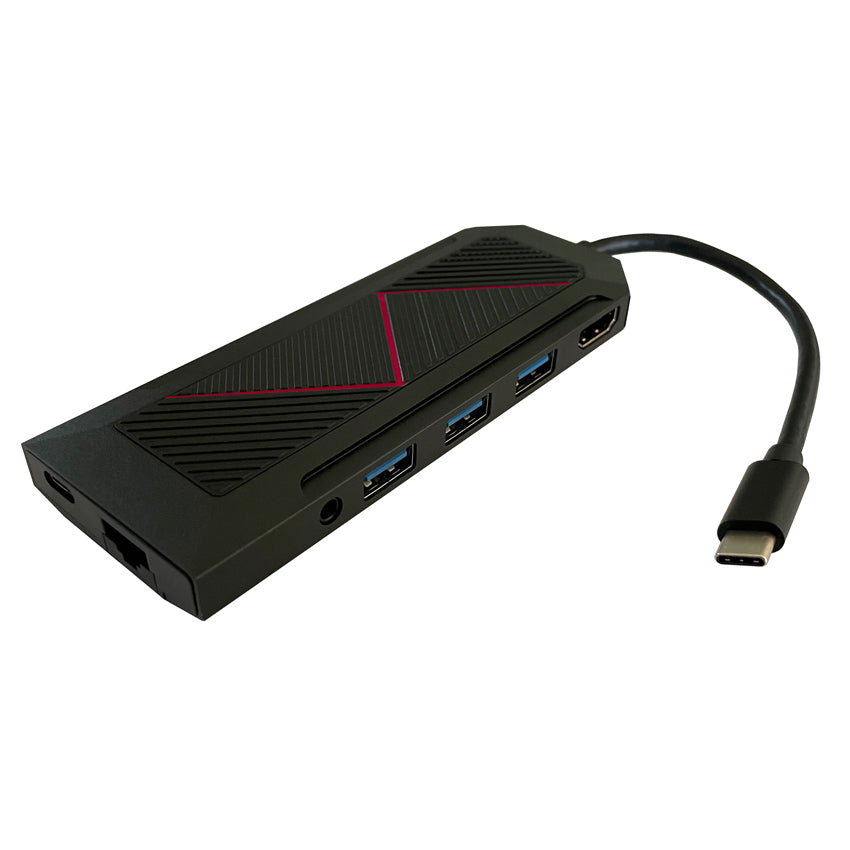 LC-Power MULTI-6-RGB Multiport-Adapter – USB-C, 1× HDMI, 3× USB-A, 1× USB-C, 100 W PD, GbE, SD/microSD