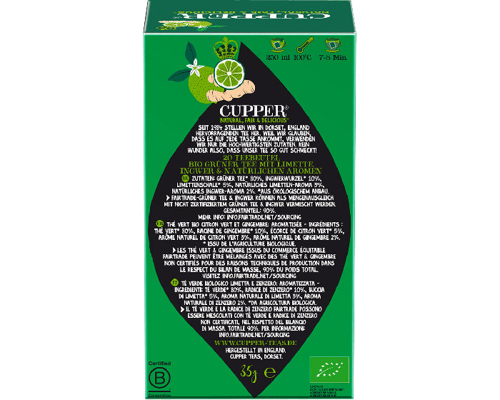 Cupper Tee Cupper – Grüntee Limette & Ingwer – Teebeutel 20 Beutel – Bio – Fairtrade