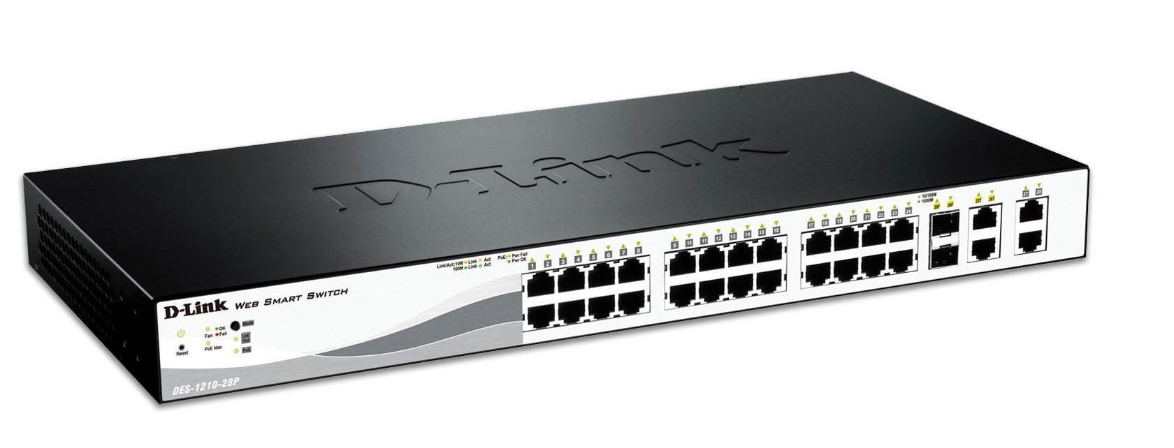 D-Link DES-1210-28P – Verwalteter L2 Switch – 24× 100M, 4× 1G (2× RJ‑45, 2× SFP), PoE+, PoE-Budget 193 W, 19", 1U