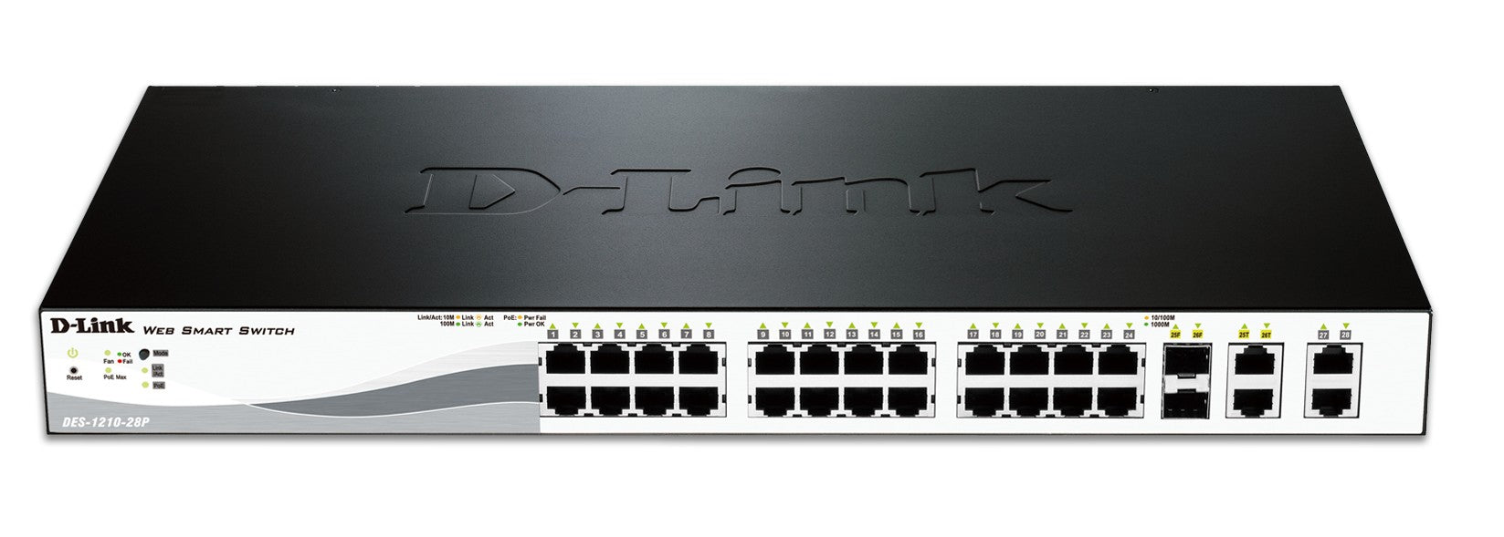 D-Link DES-1210-28P – Verwalteter L2 Switch – 24× 100M, 4× 1G (2× RJ‑45, 2× SFP), PoE+, PoE-Budget 193 W, 19", 1U