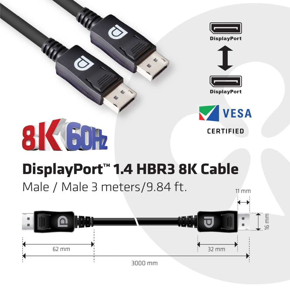 CLUB3D DisplayPort Kabel DP 1.4 8K 60 Hz – 3 m – verriegelbar