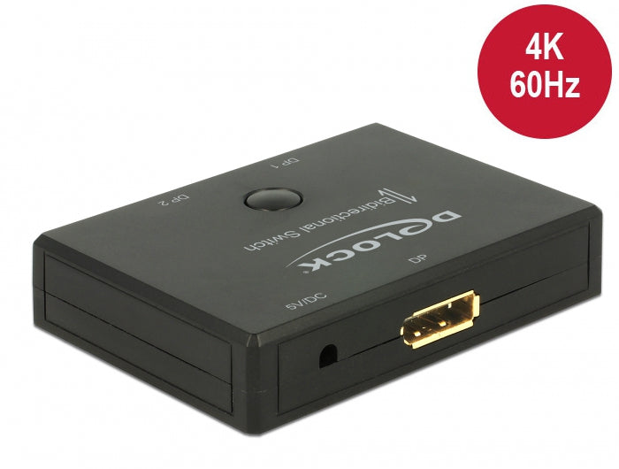 DeLOCK DisplayPort Switch/Verteiler, 2× DP In / 2× DP Out, 4K@60 Hz, bidirektional, Tasten, DC 5 V, Schwarz