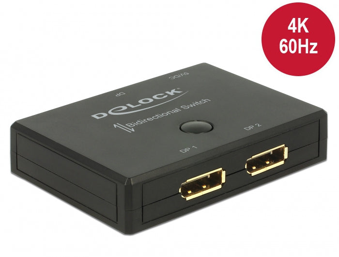 DeLOCK DisplayPort Switch/Verteiler, 2× DP In / 2× DP Out, 4K@60 Hz, bidirektional, Tasten, DC 5 V, Schwarz