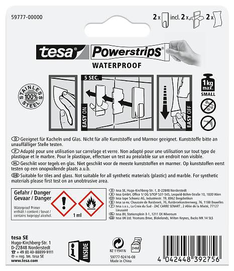 TESA Klebehaken – Edelstahl, 1 kg, Klebestreifen, 2er-Set