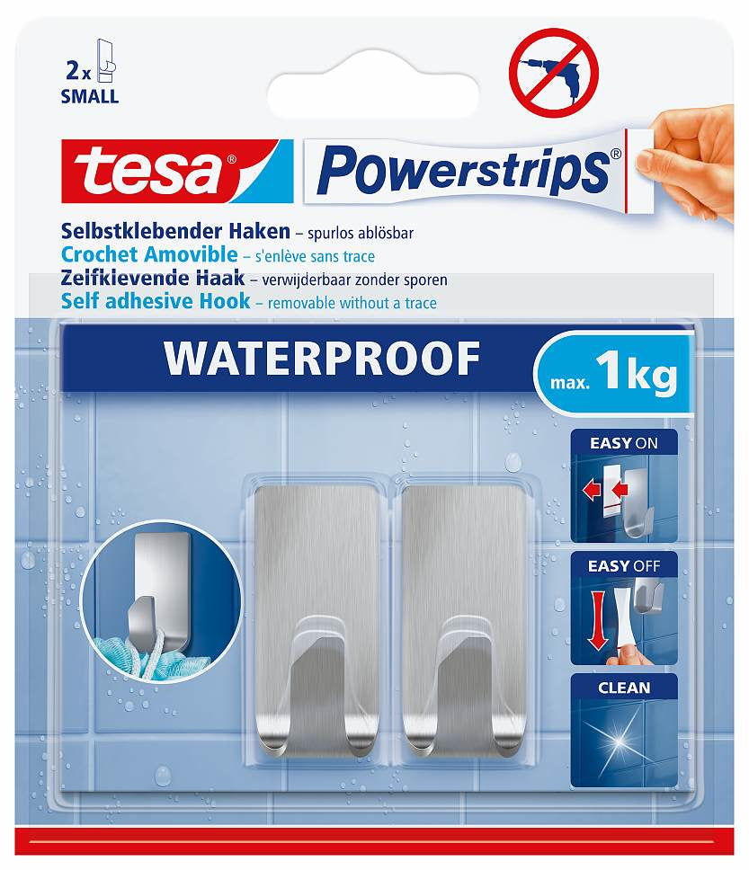 TESA Klebehaken – Edelstahl, 1 kg, Klebestreifen, 2er-Set