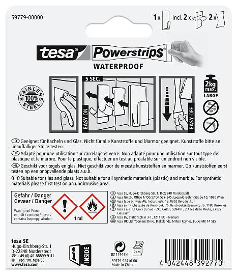 TESA Klebehaken – Edelstahl, 2 kg, Klebestreifen, Silber