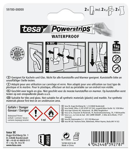 TESA Powerstrips Waterproof Handtuchhaken – 2-teilig, Klebemontage – 1,6 × 4,2 × 2,2 cm – Edelstahl