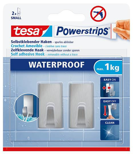 TESA Powerstrips Waterproof Handtuchhaken – 2-teilig, Klebemontage – 1,6 × 4,2 × 2,2 cm – Edelstahl