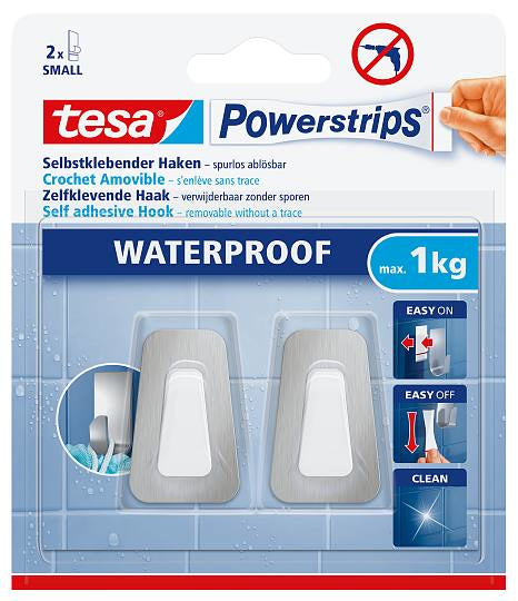 TESA Wasserfester Klebehaken KLEIN – Kunststoff/Metall, 1 kg, Klebestreifen, Weiss, 2er-Set