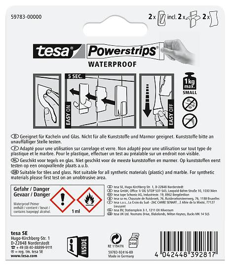 TESA Wasserfester Klebehaken KLEIN – Kunststoff/Metall, 1 kg, Klebestreifen, Weiss, 2er-Set