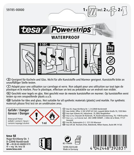 TESA Klebehaken – Kunststoff/Edelstahl, 3 kg, Klebestreifen, Silber