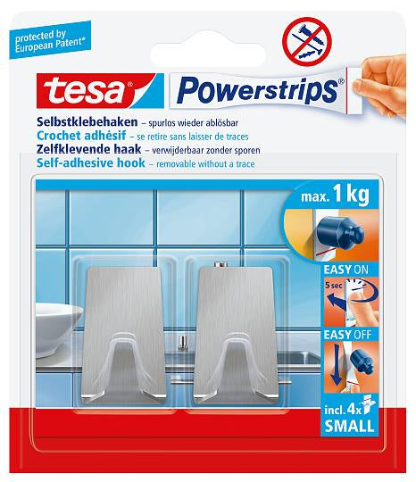 TESA Klebehaken – Edelstahl, 1 kg, Klebestreifen, Silber, 2er-Set