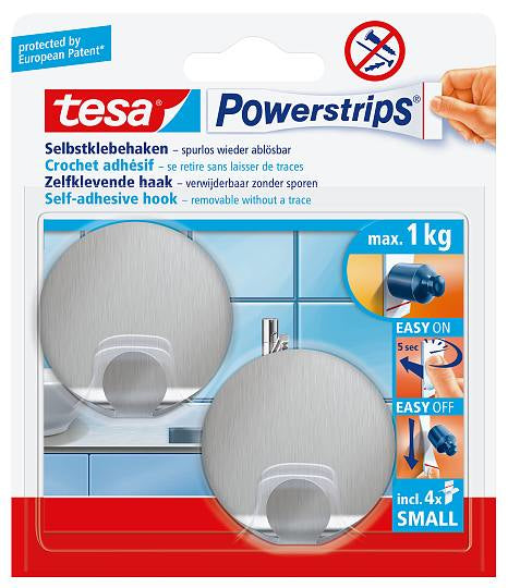 TESA Klebehaken – Edelstahl, 1 kg, Klebestreifen, Silber, 2er-Set