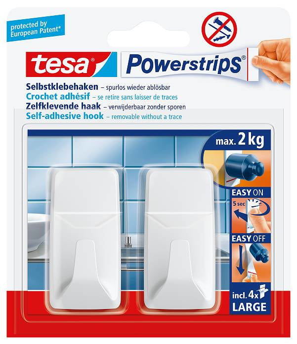 TESA Klebehaken – Kunststoff, 2 kg, Klebestreifen, Weiss, 2er-Set