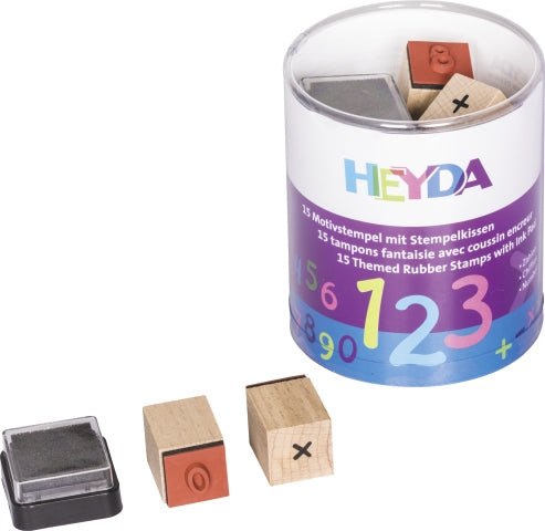 HEYDA Stempel-Set – Zahlen – 15 Stempel, 1 schwarzes Stempelkissen – Holz – Motivplatte 15 mm