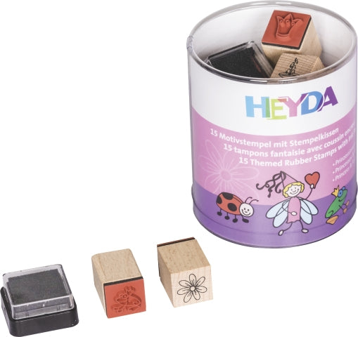HEYDA Stempel-Set – Prinzessinnen & Feen – 15 Stempel, 1 schwarzes Stempelkissen – Holz
