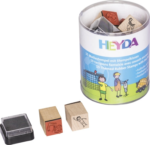 HEYDA Stempel-Set – Fussball & Baustelle – 15 Stempel, 1 schwarzes Stempelkissen – Holz