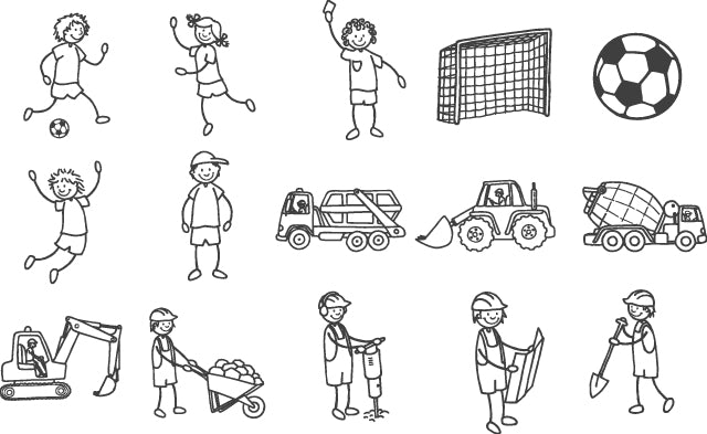 HEYDA Stempel-Set – Fussball & Baustelle – 15 Stempel, 1 schwarzes Stempelkissen – Holz