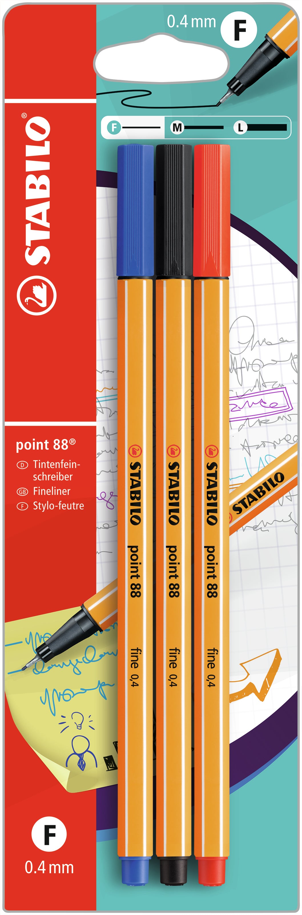 STABILO point 88 Fineliner – 3 Stk., 0,4 mm, schwarz, blau, rot