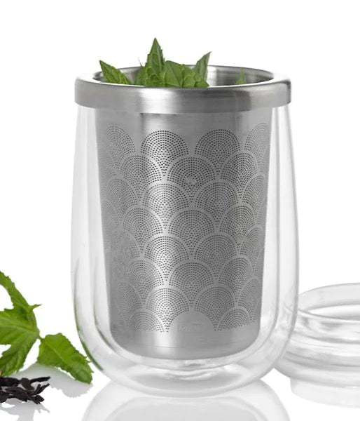 AdHoc Tee-Set Fusion Glass – 400 ml, Ø 7 cm, H 13,5 cm, Glas/Edelstahl, doppelwandig, mit Teefilter
